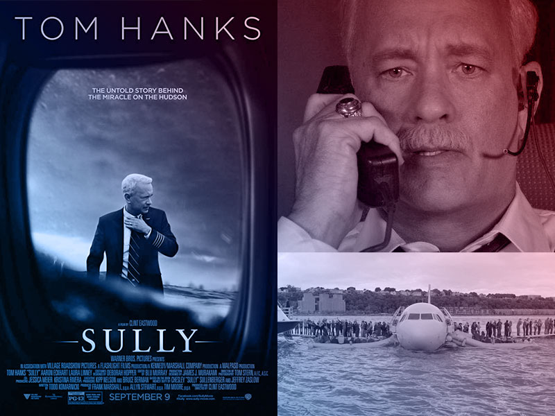 Capa do filme  Sully: O Herói do Rio Hudson com ator Tom Hanks e ao lado Screenshots de cenas do filme.