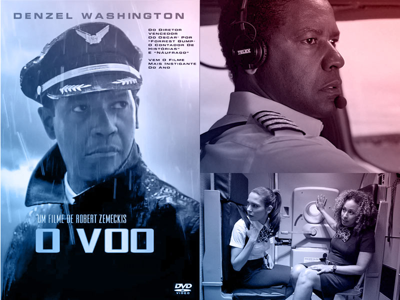 Capa do filme O Voo com o ator  Denzel Washington e ao aldo Screenshots de cenas do filme