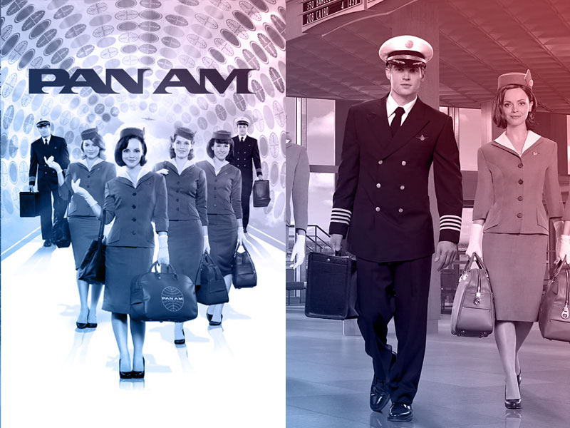 capa do filme Pan Am e ao lado print de tela com piloto de comercial de avião e comissário de voo